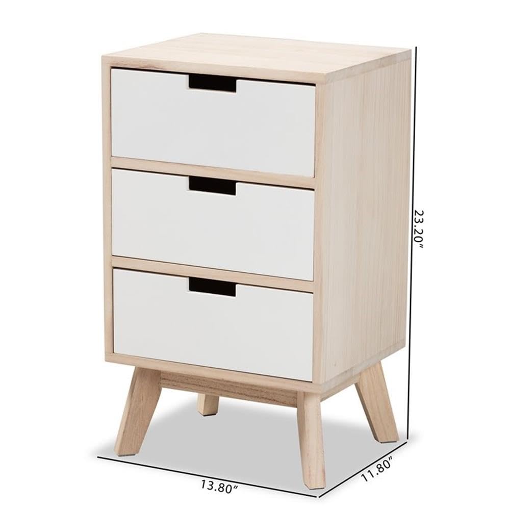 Baxton Studio Halian Mid-Century Modern Two-Tone White and Light Brown Finished Wood 3-Drawer Nightstand